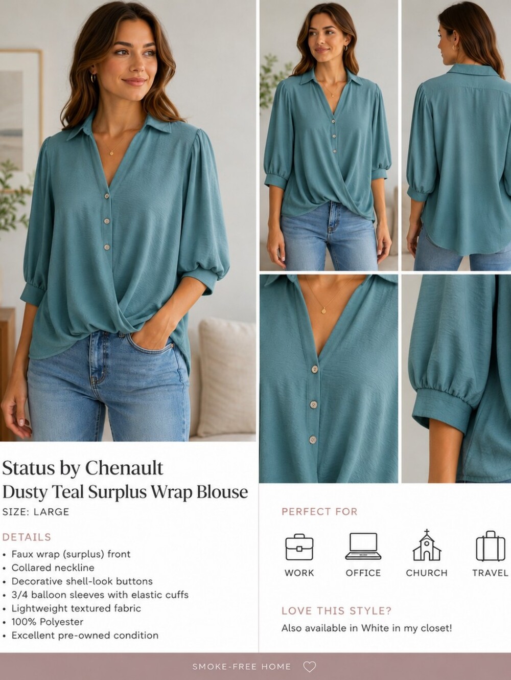 Status by Chenault Dusty Teal Surplus Wrap Blouse Large 3/4 Sleeve